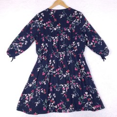 Maurices Womens XL Navy Blue Floral Chiffon Dress 3/4 Tie Sleeve Elastic Waist