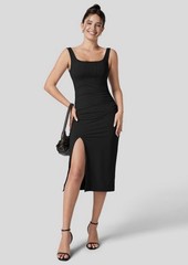 Women’s Bodycon Midi Dress Solid Square Neck Sleeveless Ruched Side Slit