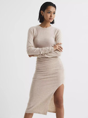 REISS Charley Ruched Cashmere Blend Knitted Jumper Midi Dress in Oatmeal