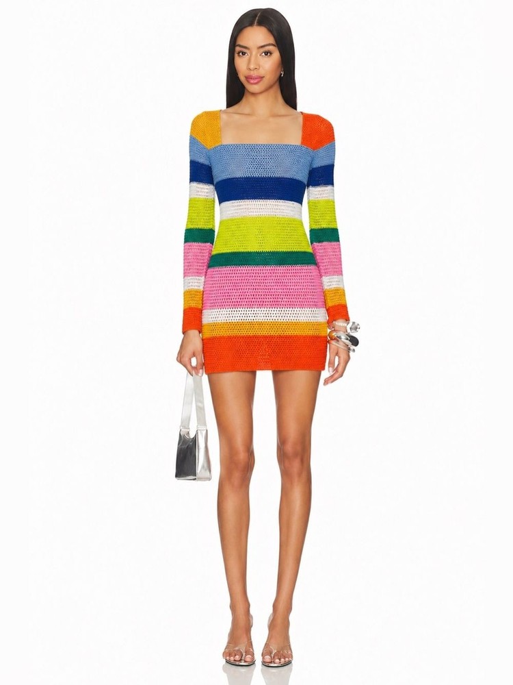 Y2K Colorful Rainbow Crochet Swim Cover Up Resortwear Beach Boho Mini Dress 📐S