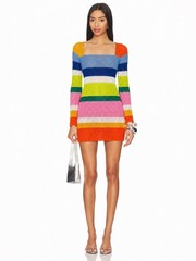 Y2K Colorful Rainbow Crochet Swim Cover Up Resortwear Beach Boho Mini Dress 📐S