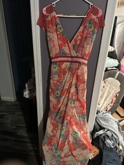 Champagne & Strawberry Red Multicolor Floral V-Neck Short Sleeve Maxi Dress S