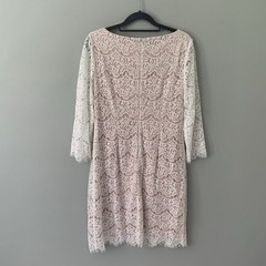 NEW Eliza J Women White Lace Sheath Dress Pink Lining 3/4 Sleeve Size 8