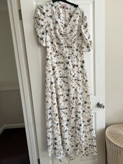 Jolie Moi Pink Floral Chiffon Maxi Dress UK 14 V-Neck cut out back