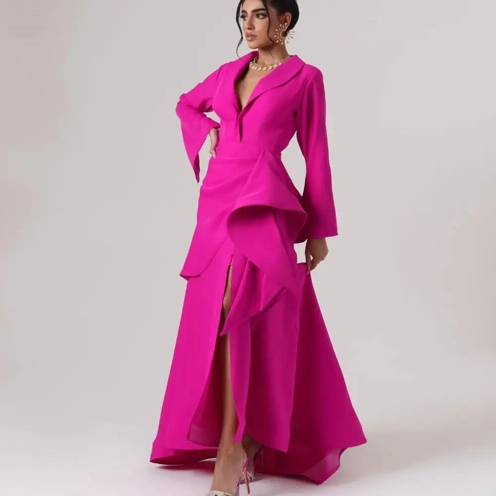 Simple V-neck A-line Evening Dresses New Fashion Long Sleeved Floor Length