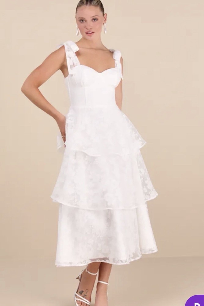 Lulus Women&rsquo;s Glamorous Sweetie White Burnout Tie-StrapBustier Midi S NWT
