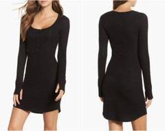 MICHAEL LAUREN Black Rib Knit Thumbholes Lounge Sleep Henley Mini Dress XS = 0/2