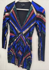 EXPRESS Black Multicolor Sequin Mini Dress V Neck Stretch Long Sleeves Size XS