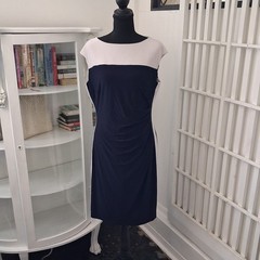 Ralph Lauren Navy Off White Ruched Lined Colorblock Dress Size 12 #378