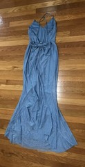 Blue Solid Glitter V-Neck Spaghetti Strap Long Formal Gown Bow Ruffle Adjust