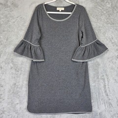 Max Studio Weekend Dress Womens Large Gray Bell Sleeve Shift Ruffle Trim