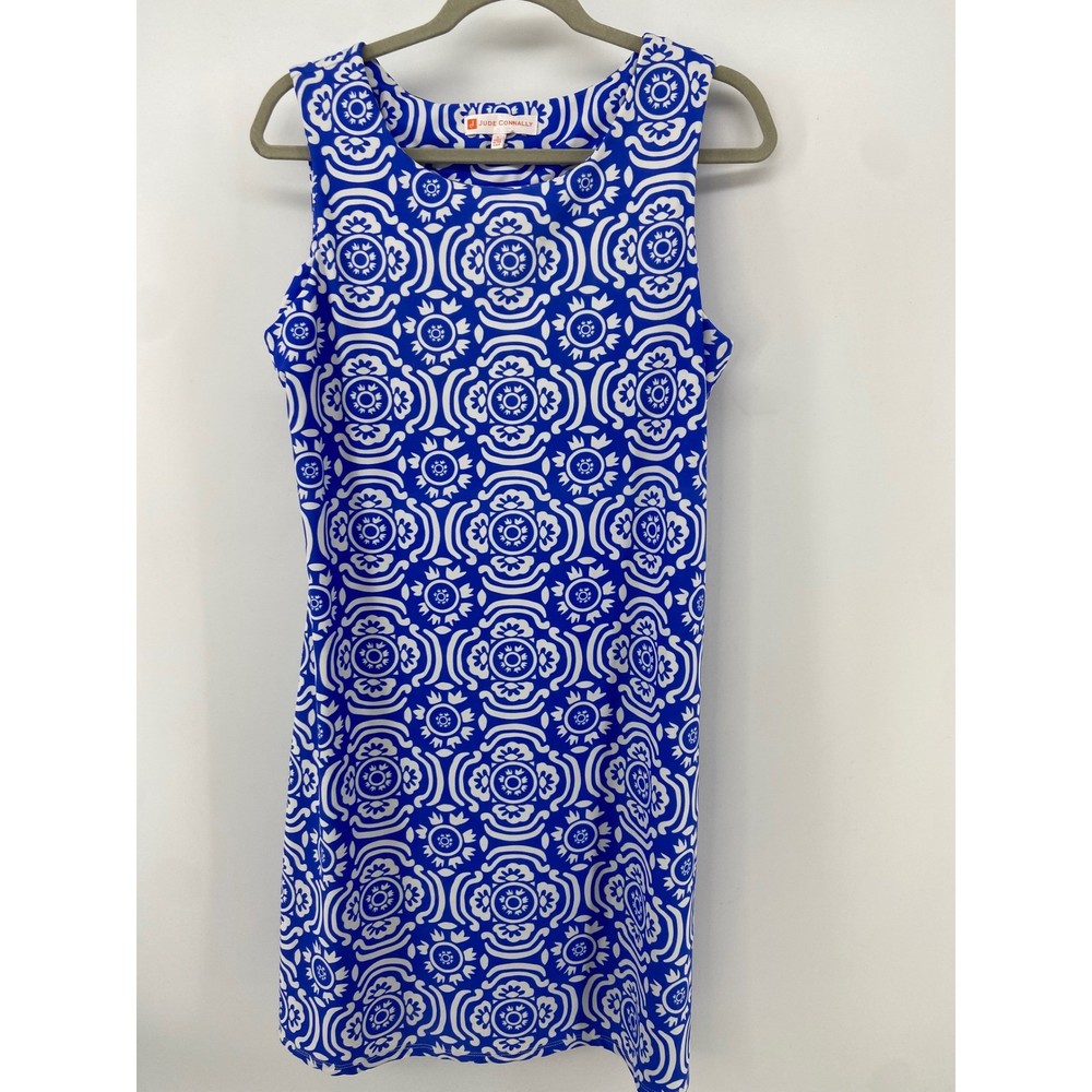 Jude Connally Dress Women Large Blue Travel Beach Preppy Coastal Geometric Shift