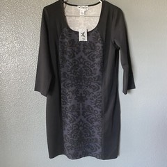 NEW Papillon Nordstrom L Soft Knit Shift Dress Black Gray Round Neck Pullover