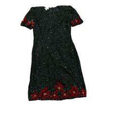 Vintage Laurence Kazar Beaded Sequin Silk Poinsettia Flower Christmas Dress Sz M