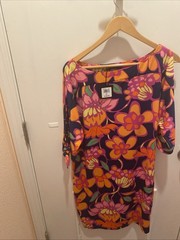 Trina Turk Women’s XL Dress Navy Pink Orange Yellow Green Peekaboo Sleeve