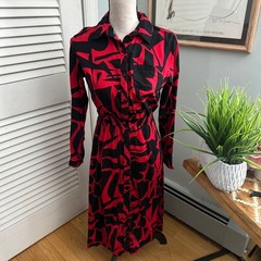 Millenium Shirt Dress Womens Small Red Black Abstract Midi Retro Indie Chic