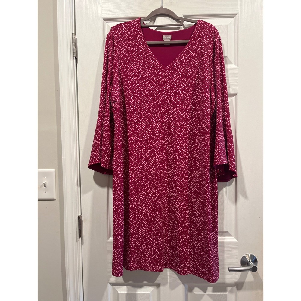 Chicos Raspberry Pink Polka Dot V-Neck Bell Sleeve Shift Dress Size 3 XL 16/18