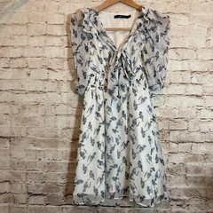 Ark & Co. Dress Womens Small Bird Print Blue & White Puff Sleeve Tie Neck Lined