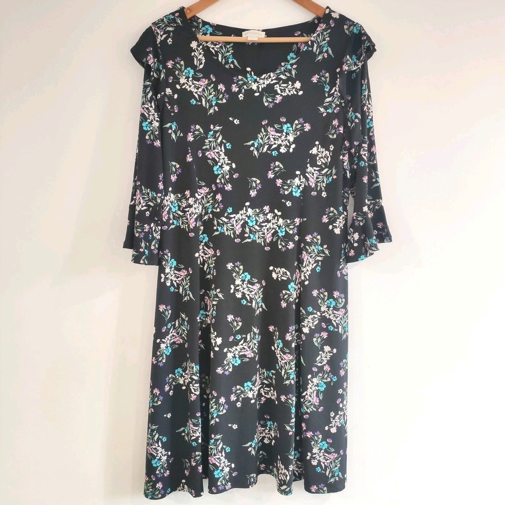 Monsoon Frieda Dress Size 16 Black Floral Print Ruffles Flared Cuffs 3/4 Sleeves