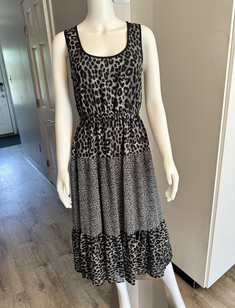 Michael Michael Kors Black Gray Leopard Knit Ruffle Elastic Waist Midi Dress S