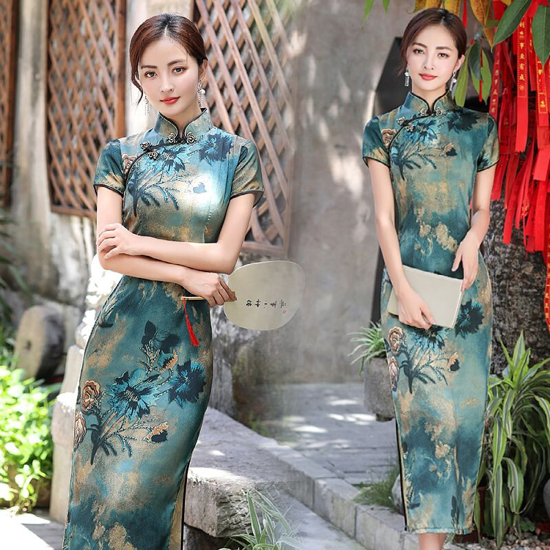 Qipao Long Dress Split Side Modern Plus Size Short Sleeve Ancient Chinese Party