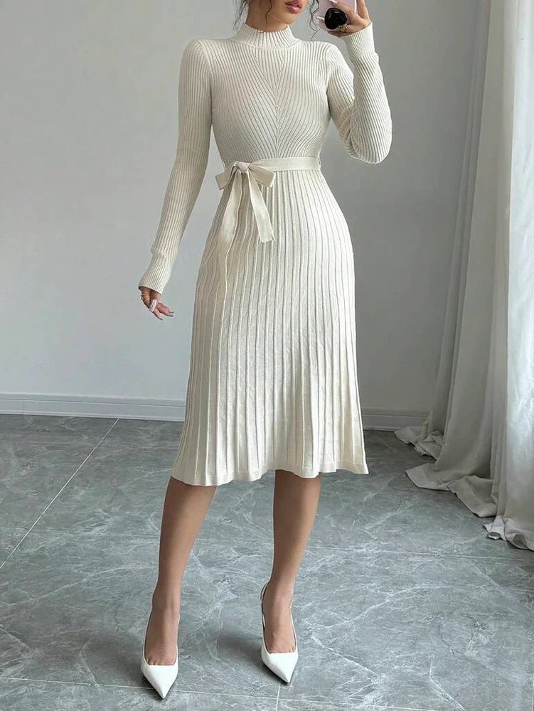 New Elegant Minimalist Solid Color Stand Collar Fitted Sweater Dress, Autumn