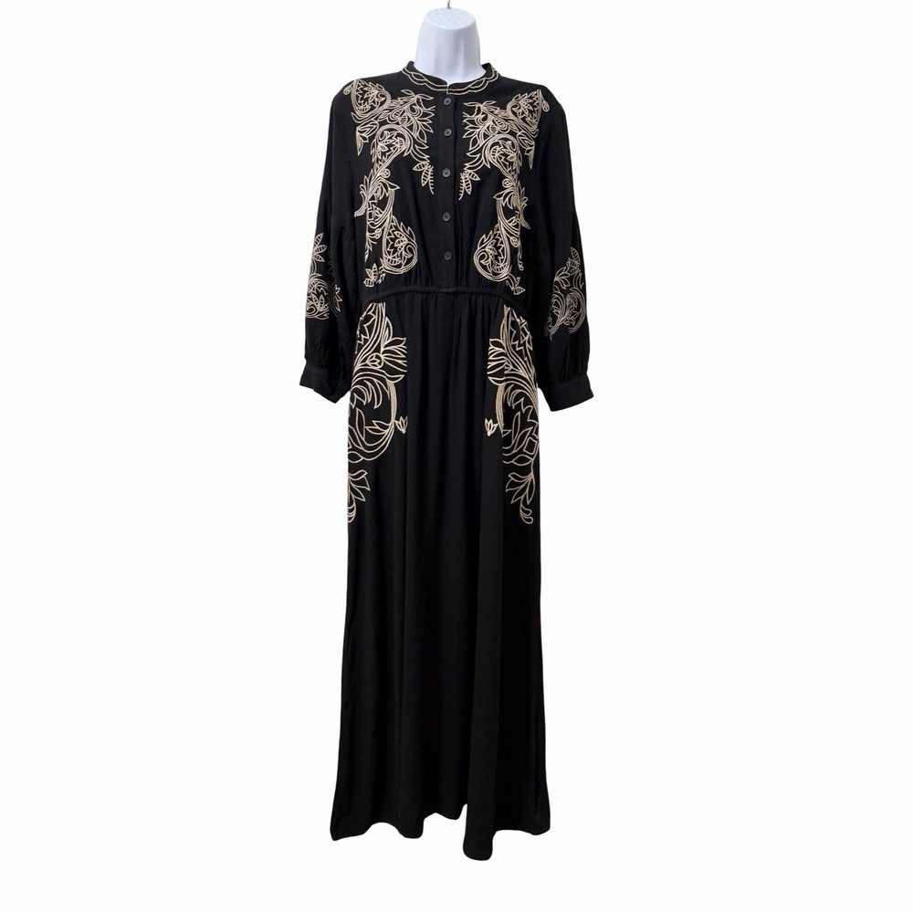 Solitaire Womens Embroidered 3/4 Sleeve Maxi Dress Size XL Black Boho Trad Wife