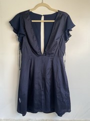 Navy Blue “About Us” Flutter Ruffle Sleeve Mini Dress w/ Deep V Keyhole Back