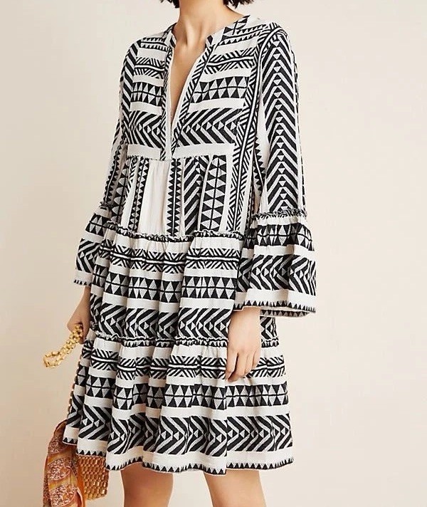 Devotion Twins Ella Black & Off White 100% Cotton Tiered Tunic Dress, Sz XS