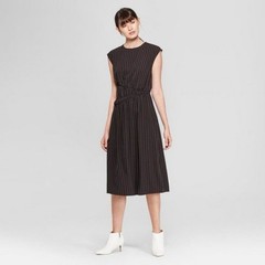 Prologue Pin Stripe Black Cinched Waist Cap Sleeves Chic Work Office Dress M