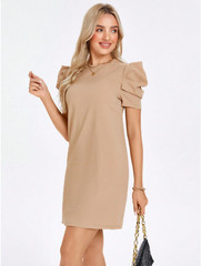 Khaki Clasi Solid Puff Sleeve Keyhole Back Dress Sz S M L XL