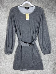 Suzanne Betro Dress Womens Size M Gray Stretch Pockets Long Balloon Sleeve Belt