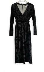 Dazy Dress Large Black Corduroy Velvet Floral Midi Sheer Long Sleeve Lined Belt