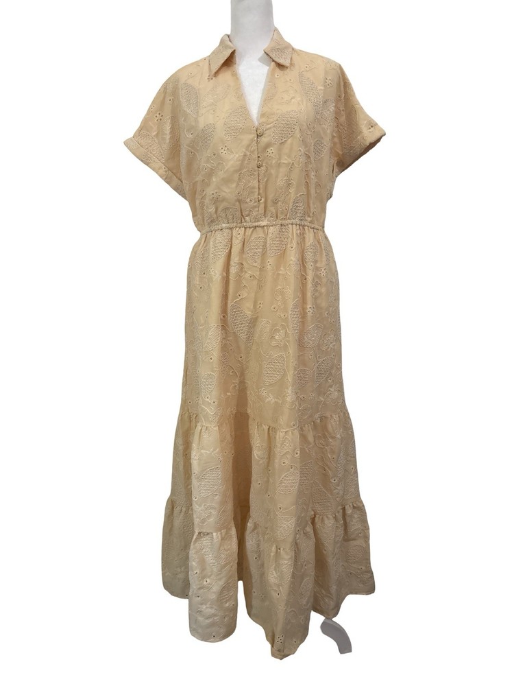 Sam Edelman NWT Vestido Maxi Eyelet Mantequilla Tiered Cuello Talla 10 $148