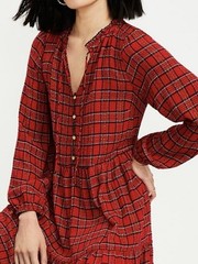 Ann Taylor LOFT Metallic Tartan Plaid Tiered A-Line Dress Holiday Red Small