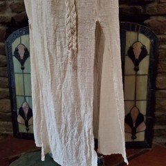 Womens Small Cotton Gauze Maxi Dress Cream Beige Braided Trim Slits Beach Boho
