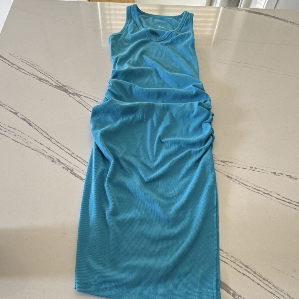 A New Day Blue Ruched Knit Stretch Scoop Neck Sleeveless Tank Midi Dress S