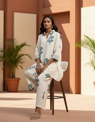 Women Off-White Cotton Flex Kurti Palazzo Set Printed Casual Tunic Indian Boho