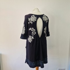 Free People Embroidered Mini Dress Black White Short Sleeve S 10 12 Casual Party