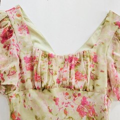 ASTR Tie Back Flutter Sleeve Open Back Cut Out Midi Dress in Lime Pink Floral L