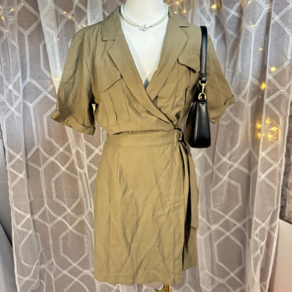 Nine West NWT Utility Wrap Shirt Dress Khaki Tie Waist Mini Rayon Blend Medium