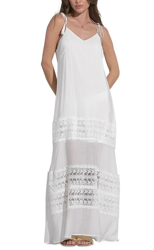 Elan Spaghetti Strap Crocheted Tiered Maxi Dress, White, Medium, MSRP $99