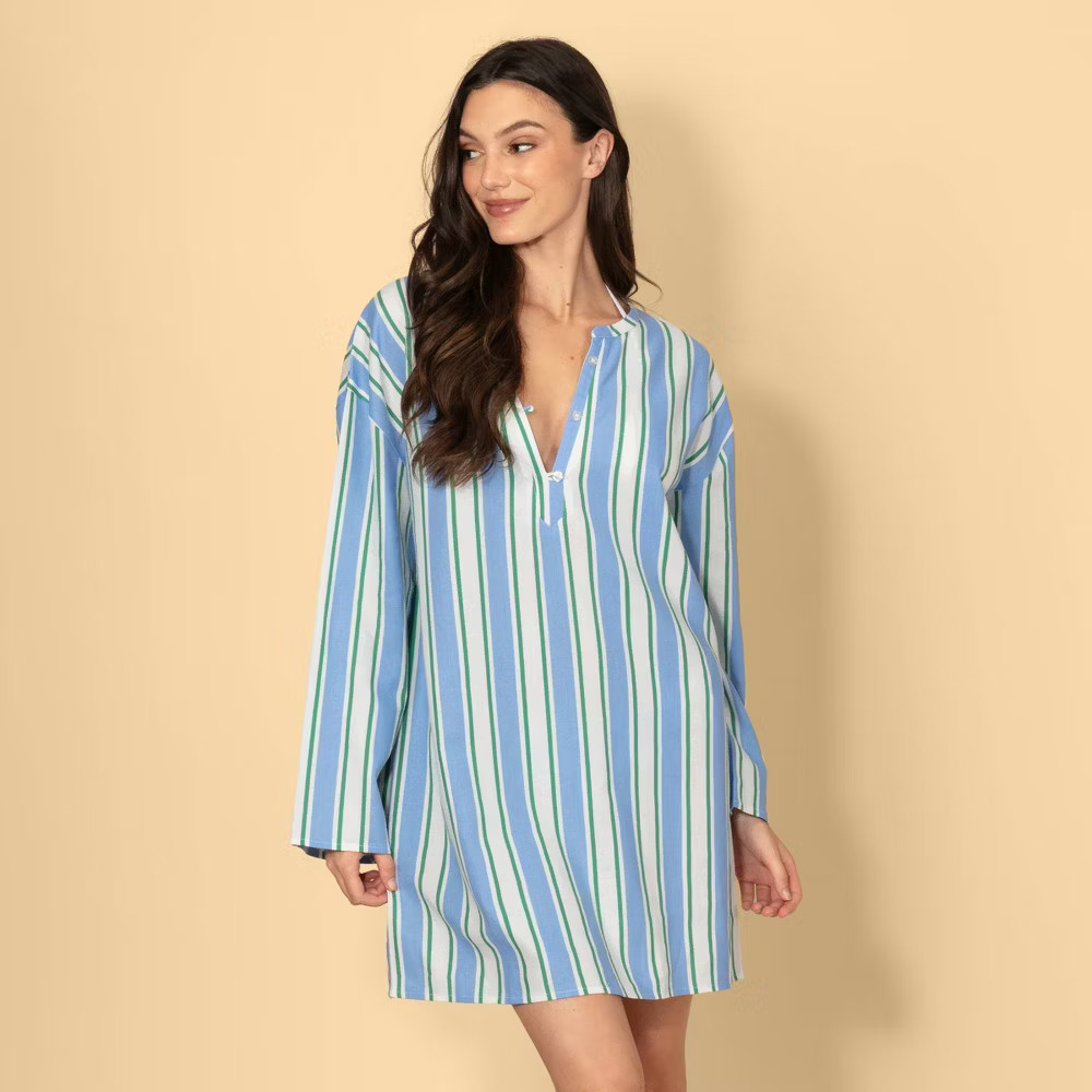 Solid & Striped Women Long Sleeve Linen Blend Mini Shift Dress –