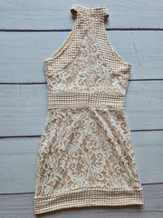 PrettyLittleThing Cream White Lace High Neck Halter Mini Dress Nude Lining UK
