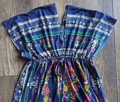 New! Cristinalove Size S Blue Green Gray Tan & Lilac Floral Print Stretch Dress