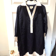 TUCKERNUCK Collier Linen Blue White Tunic Dress Women&rsquo;s XL Coastal Preppy Chic