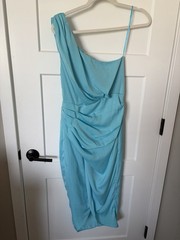 Do+Be Blue One Shoulder Ruched Draped Knee Length Bodycon Dress S Zip