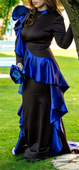 Women&rsquo;s M/L Black & Blue Satin High Neck Long Sleeve Ruffled Prom Dress
