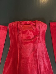 Miscreants London Red Velvet Strapless Mini Dress w/ Opera Gloves Size 6