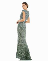 MAC DUGGAL 5489 Forest Green Sequin Beaded High Slit Ruched Maxi Gown Dress 12